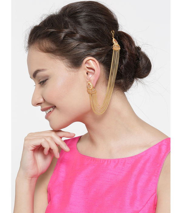 YouBella Gold-Toned  Off-White Teardrop Shaped Studs with Ear Chains